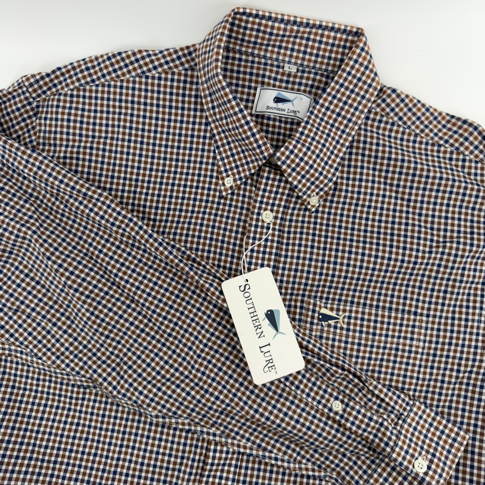 NEW Southern Lure Mens Large Gingham Button Down Shirt Brown Navy Blue